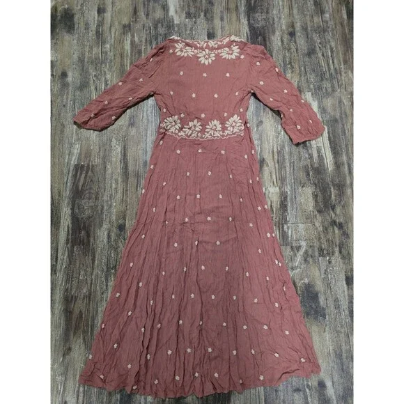 Free People Embroidered Fable Midi Dress Raspberry Pink Mauve Festival Sz Small - Picture 6 of 9